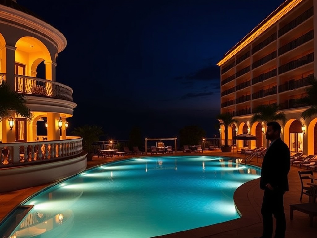 "Luxurious Greek casino hotel resort at night" "elegant suite balcony with warm lights" "gourmet dining glow" "live orchestra stage lights" "sparkling poolside atmosphere" "VIP concierge silhouette"