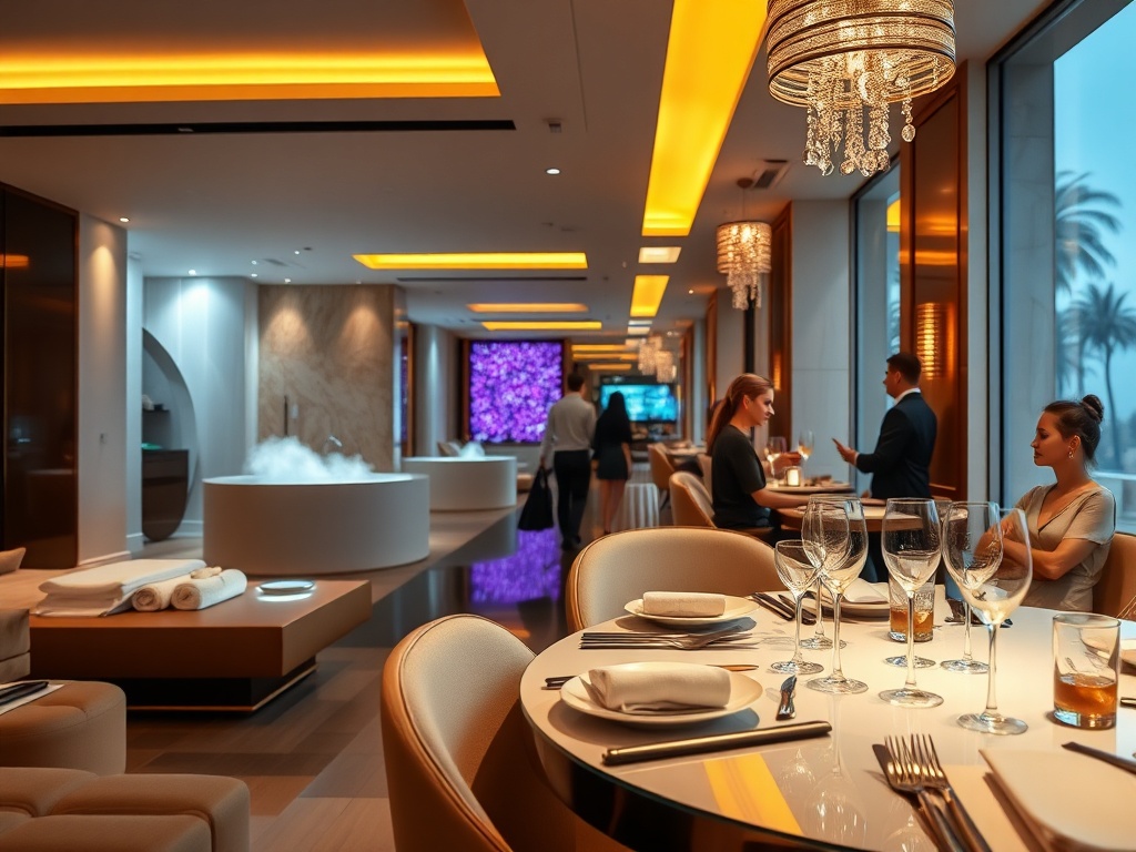 "luxury modern resort interior" "elegant hallway with warm ambient lighting" "spa relaxation ambiance with steam and towels" "gourmet dining table with refined plating" "subtle casino-style glow in background" "stylish guests in soft focus" . "You MUST no