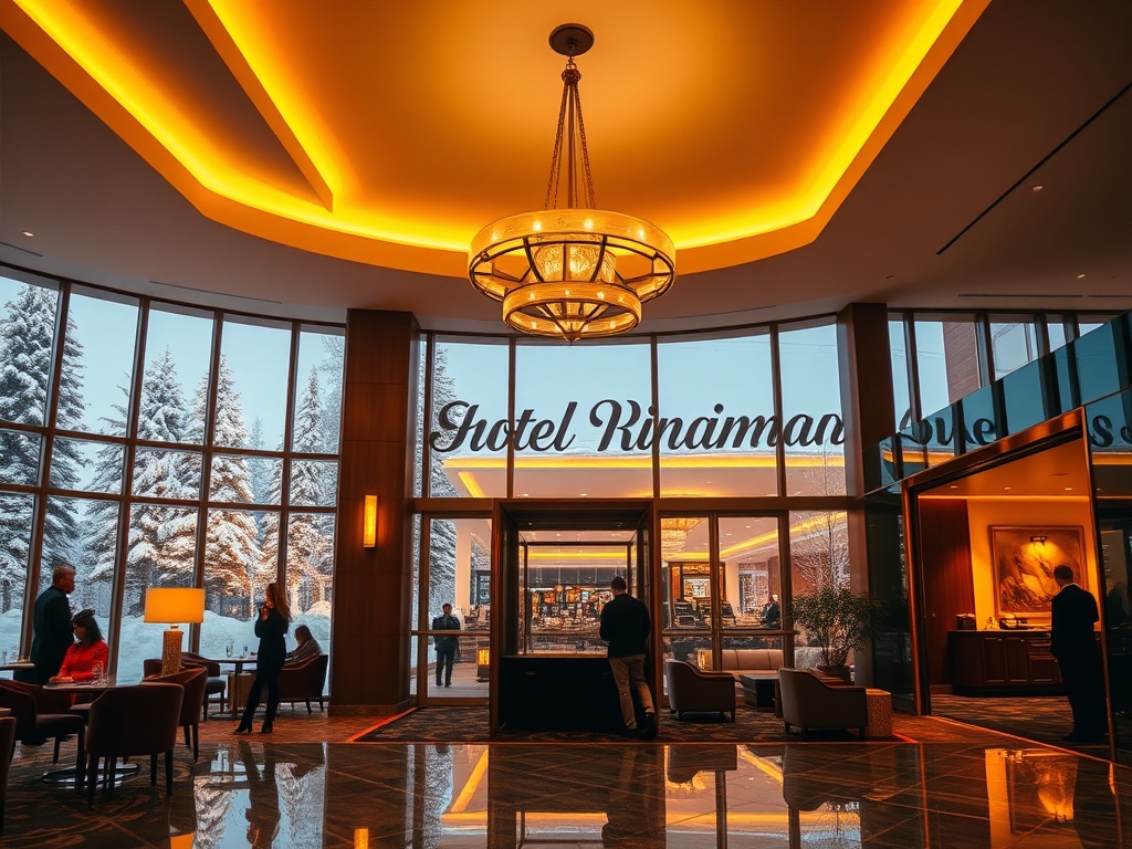 "Luxury modern hotel lobby blending into a vibrant casino lounge, warm ambient lights, elegant Canadian winter exterior through glass, guests silhouettes, inviting suite doors, cinematic wide-angle."