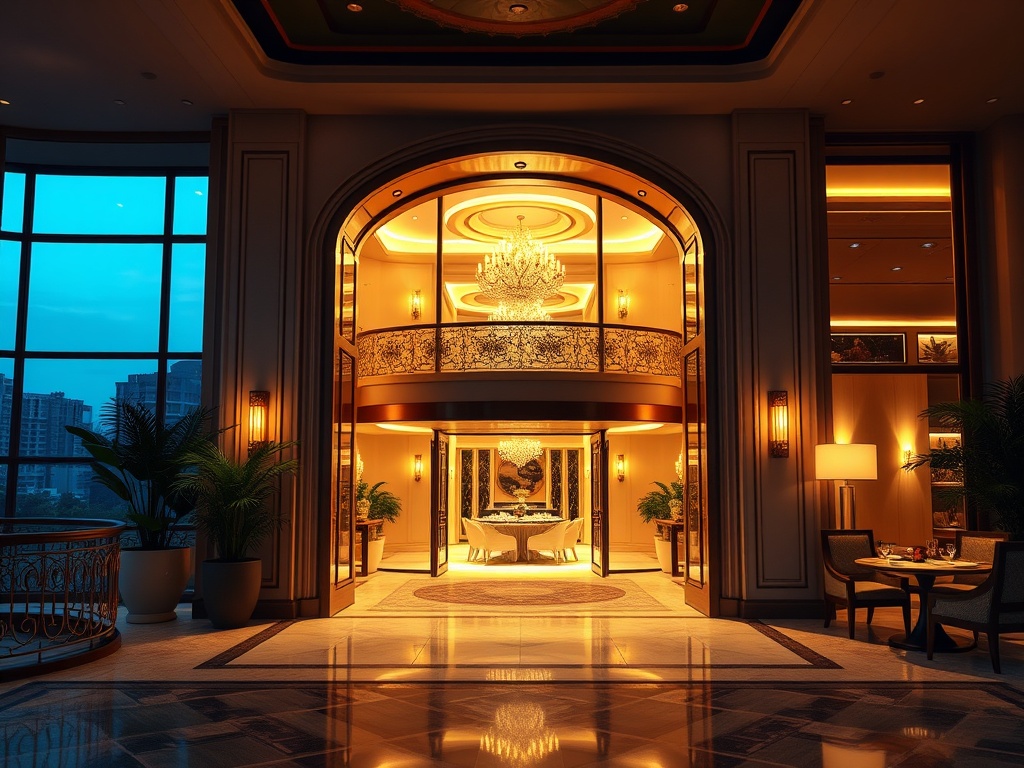 "luxury casino hotel entrance" "warm golden lighting" "elegant suite balcony" "fine dining ambience" "serene wellness spa glow" “Ervaar luxe en welzijn in een ongedwongen sfeer”.
