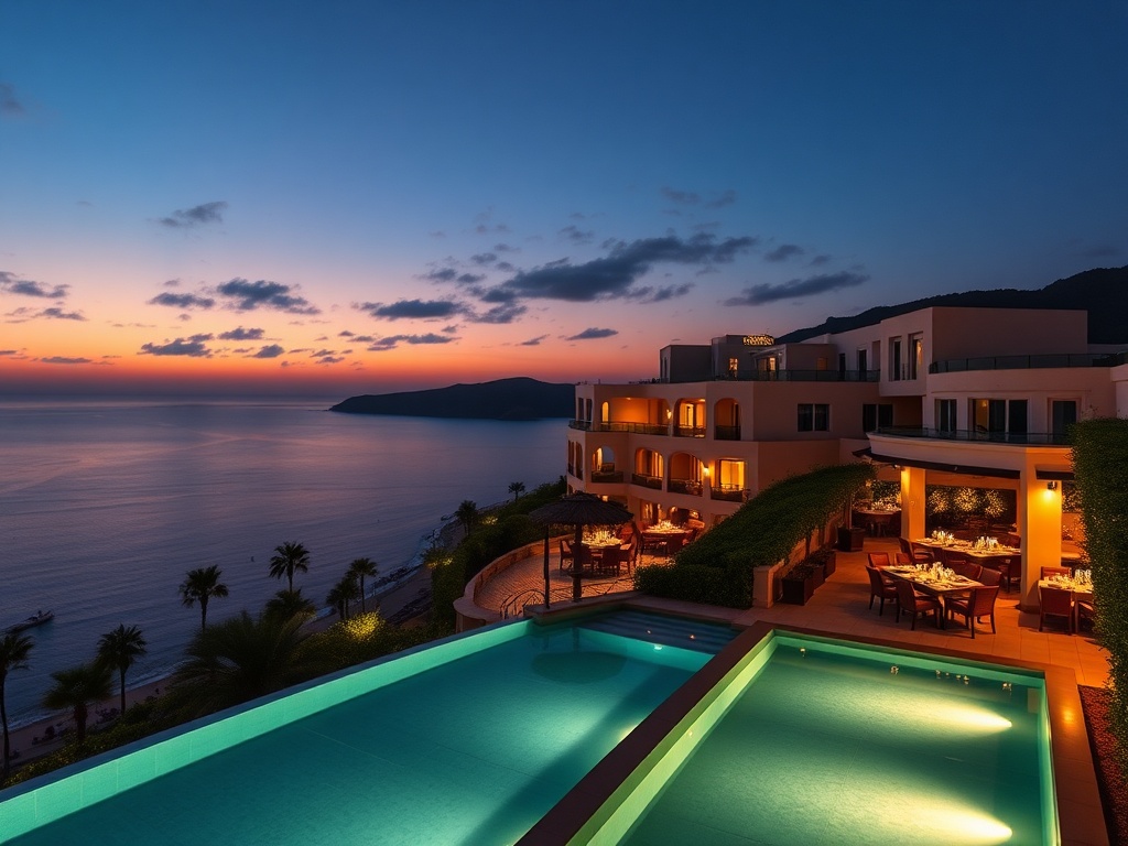 A luxurious Mediterranean casino hotel at dusk, elegant suite balcony overlooking warm lights, infinity pool, subtle casino glow, tasteful dining terrace, resort greenery, cinematic lighting."