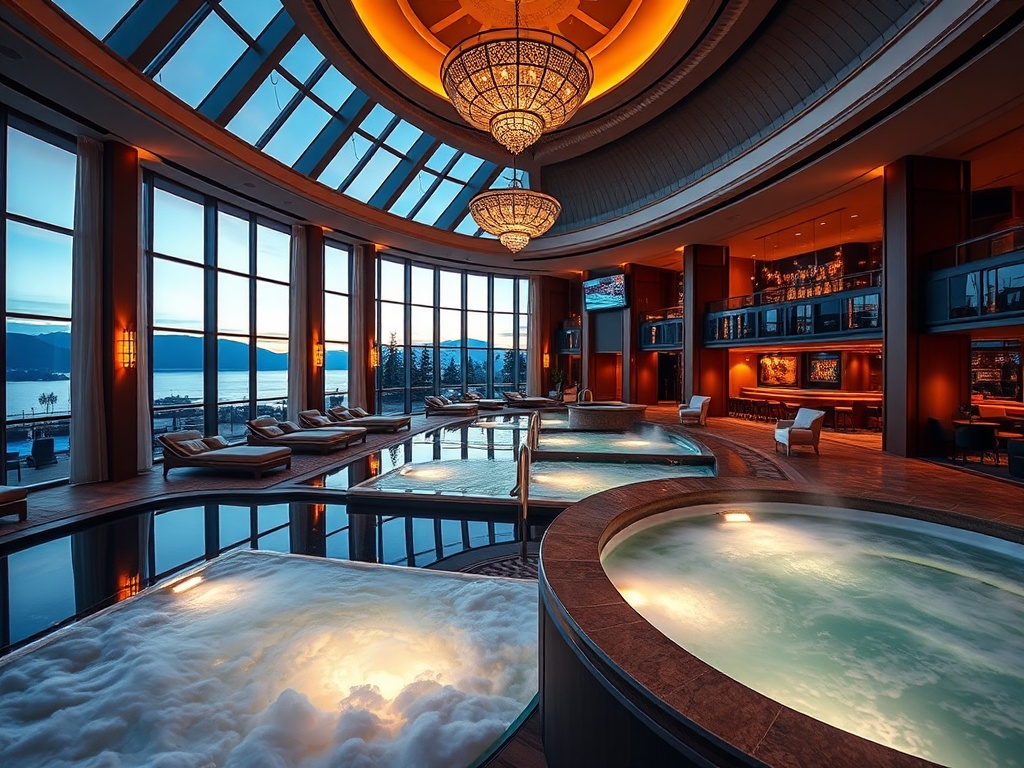 Luxurious Scandinavian casino-hotel interior at dusk, “elegant suites” with soft textiles, “serene spa” steam-lit pools, “warm lounge” ambiance, subtle “entertainment lights”, premium realism.