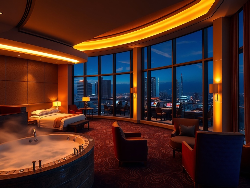 "Modern casino hotel at night, warm golden glow, luxurious suite interior with king bed, velvet lounge seating, spa steam, subtle gaming ambience, elegant atmosphere"