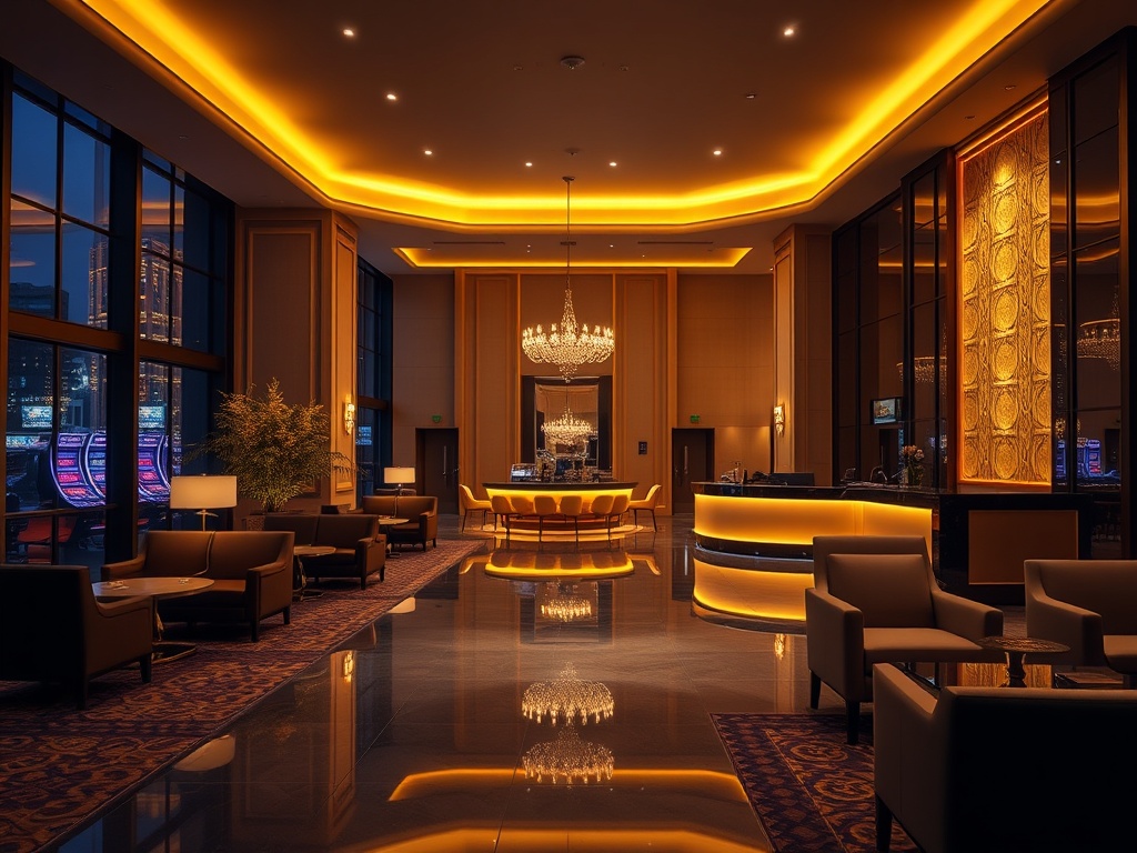 "luxury hotel lobby at night in Poland, warm golden lighting, modern seating, elegant concierge desk, subtle casino ambiance with glowing lights, cinematic atmosphere, inviting." "No logos, no text, high detail, photorealistic."