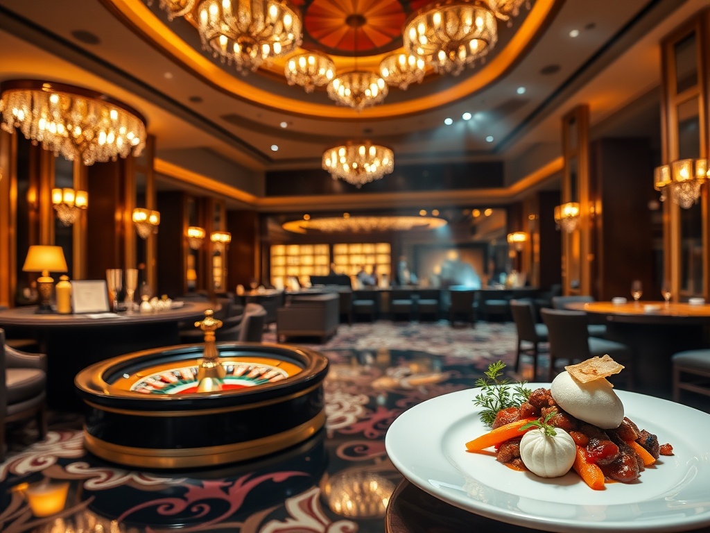 "luxury casino hotel lobby" "glowing roulette wheel" "warm candlelit bar" "five-star chef plated gourmet dish" "soft spa steam background" "stage lights for live shows"