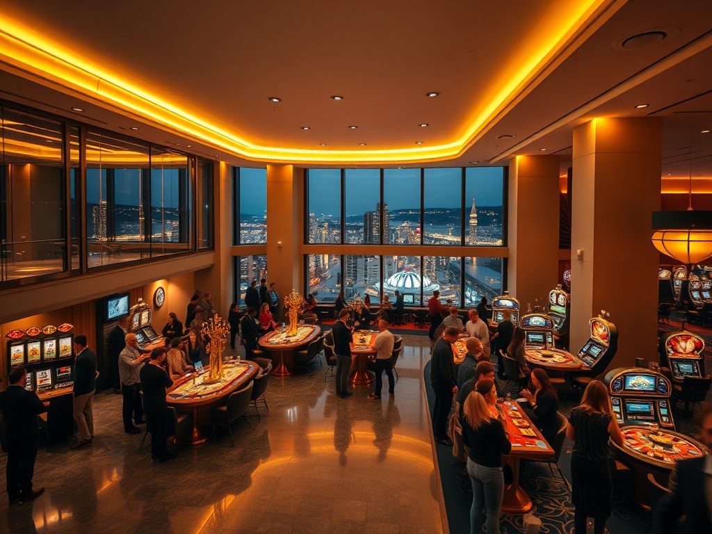 Cozy modern Scandinavian hotel lobby merging into softly lit casino gaming floor, warm golden lighting, people in celebration, serene atmosphere, night city view.