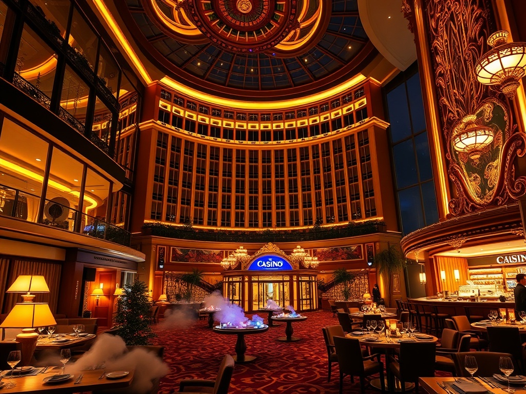A luxurious casino hotel at night, golden interiors, elegant suites with panoramic windows, neon glow, lively bar silhouettes, spa steam, fine dining plates, cinematic lighting.