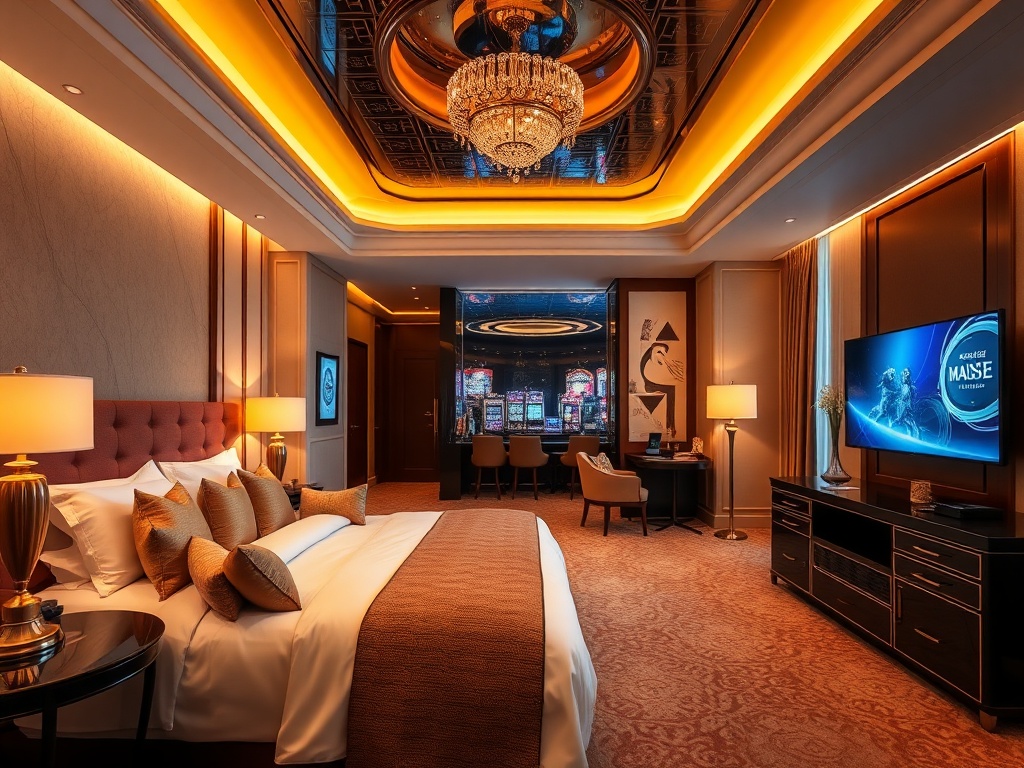 A luxurious casino hotel suite interior, “golden warm lighting,” plush sofa and king bed, subtle entertainment ambiance in background, elegant modern design, upscale spa vibe.