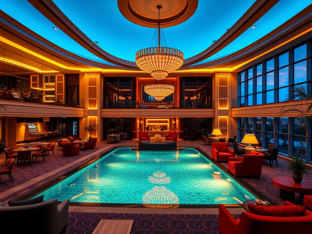 "Luxurious casino hotel lobby at dusk" "warm golden lighting" "velvet lounge seating" "sparkling indoor pool" "guests relaxing" "elegant modern interiors" "soothing atmosphere"