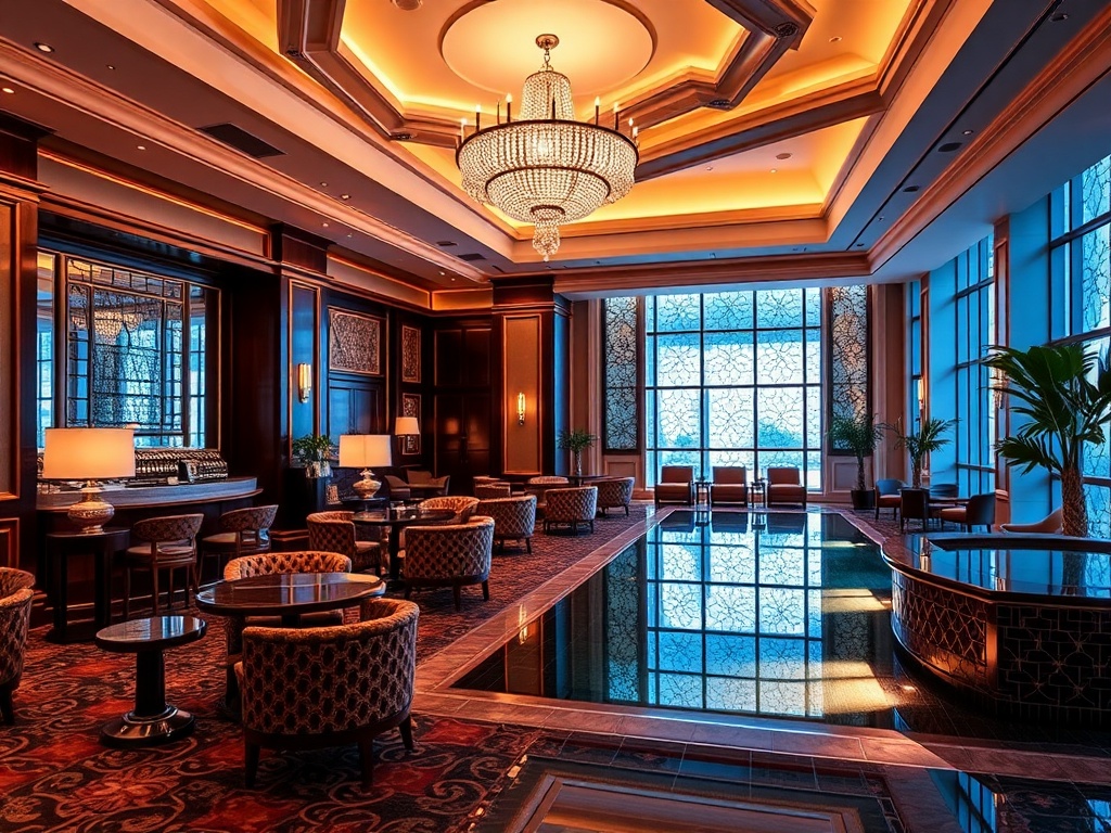 A glamorous casino hotel interior with elegant lounge seating, a smiling concierge welcoming guests, and a serene spa pool reflecting warm lights.