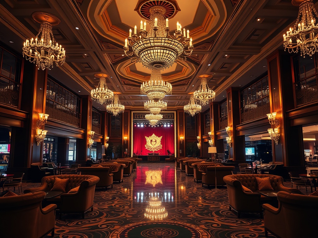 A luxurious casino hotel lobby at night, glowing chandeliers, elegant lounge with velvet sofas, distant live stage lights, warm golden accents, refined atmosphere