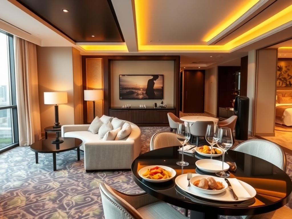 "luxury casino hotel suite living area beside a modern dining table with elegant plated cuisine, warm service staff silhouettes, and a calm spa corridor with soft lighting" You MUST not include ANY brand images or logos. You may ONLY reply with the format