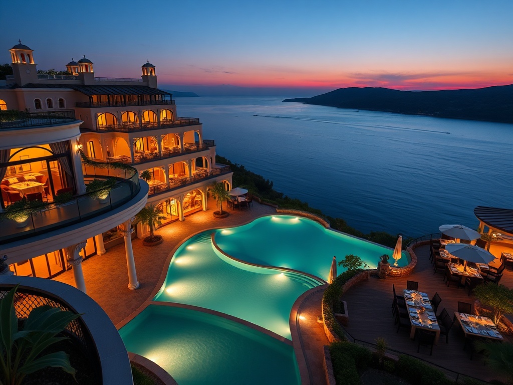 A luxurious Mediterranean casino hotel at dusk, elegant suite balcony overlooking warm lights, infinity pool, subtle casino glow, tasteful dining terrace, resort greenery, cinematic lighting."