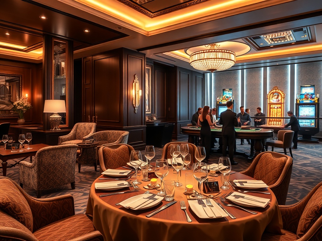 A luxury casino hotel suite lounge merging into a gourmet dining table and distant glowing gaming area, elegant guests smiling, warm ambient lighting, cinematic realism.
