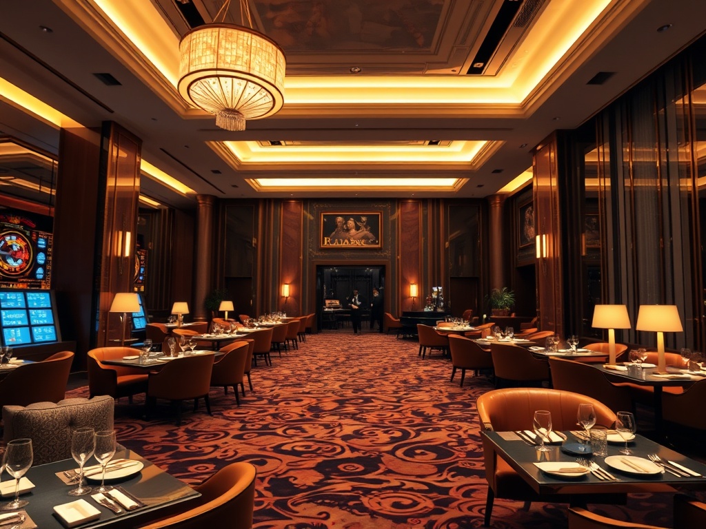 "luxury casino hotel lobby with elegant suites, warm lounge seating, gourmet dining plates, soft stage lights, attentive concierge, cinematic realism" "high-end ambiance, night atmosphere, warm gold lighting, panoramic depth of field"