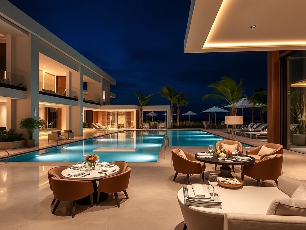 "modern luxury hotel lobby at night" , "soft-lit pool terrace" , "elegant gourmet dining table" , "sleek inviting suites" , "relaxing ambiance" .