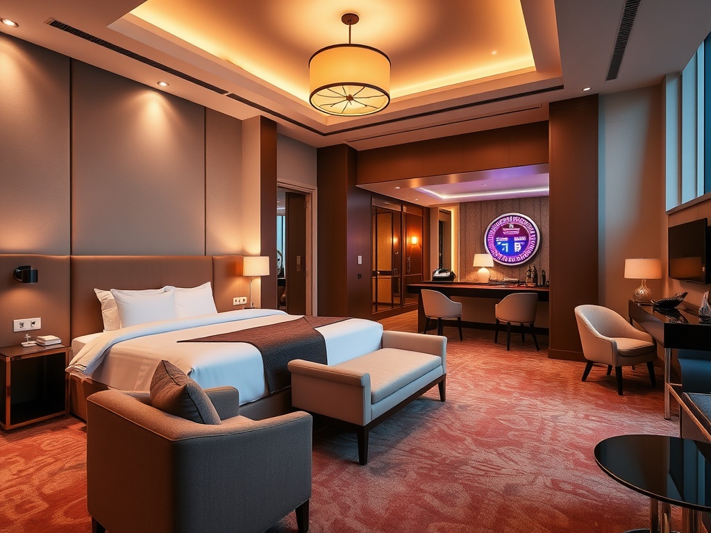 “modern luxury casino hotel interior” “spacious suite bed” “glowing spa steam” “stylish lounge seating” “attentive concierge” “warm ambient lighting”