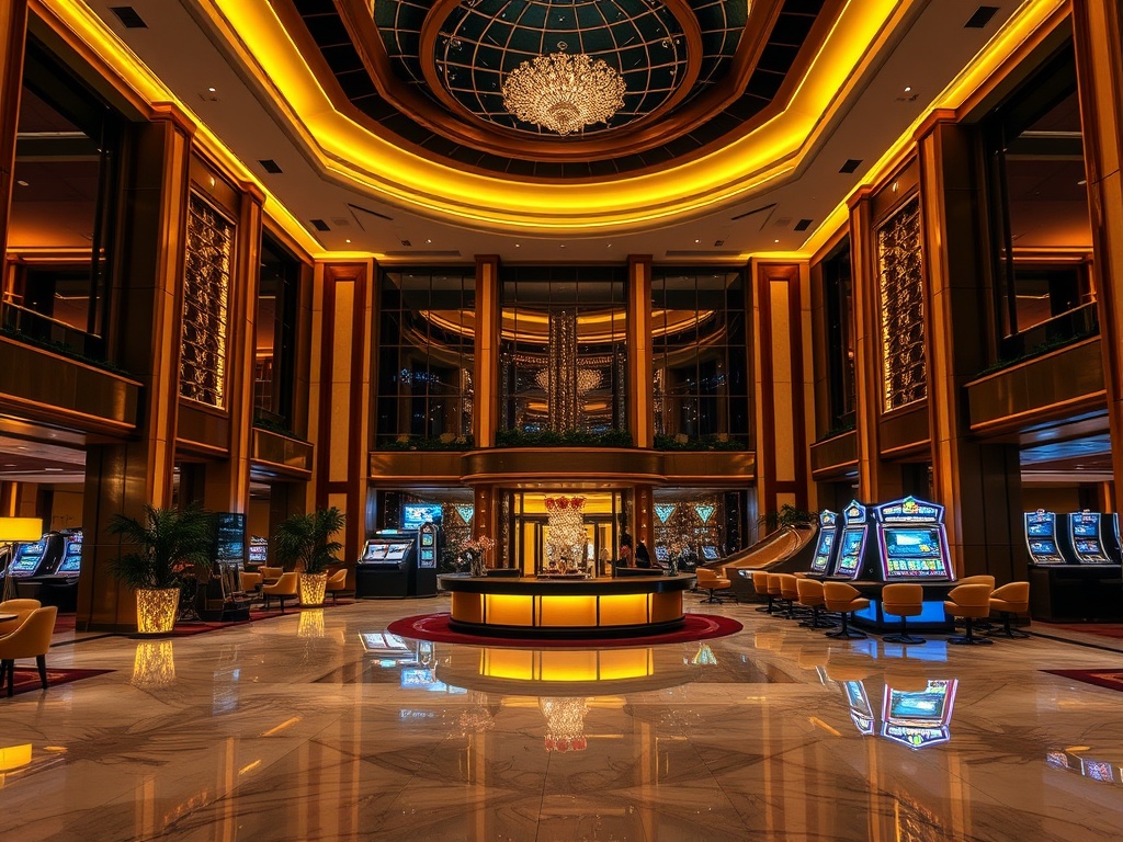 "Elegant casino hotel lobby at night, warm golden lighting, modern lounge, sparkling entertainment glow, subtle gift-like ambiance, polished marble, premium service feel."