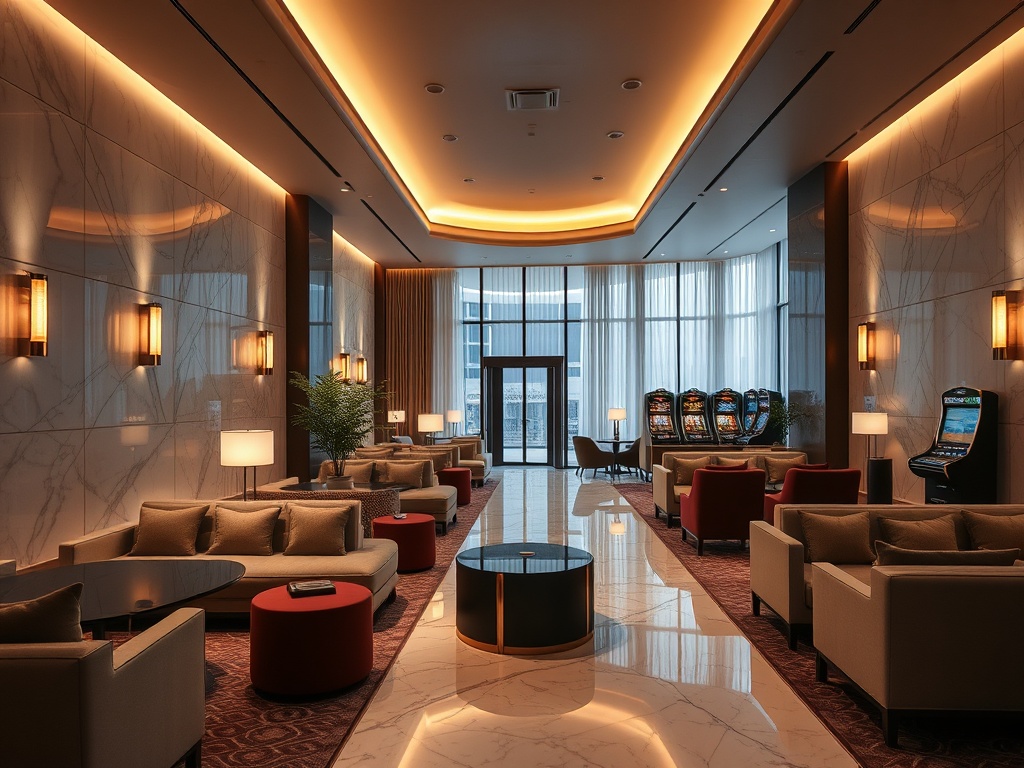 "luxurious modern hotel lounge with plush seating, warm ambient lighting, soft marble, subtle gaming ambience, wellness spa entrance."