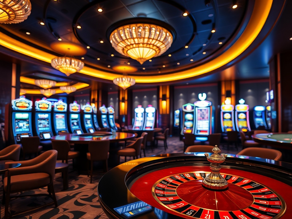 "Luxurious casino-hotel lounge at night, warm golden lights, roulette table and slot machines in soft focus, elegant bar and comfortable seating, modern upscale atmosphere" "