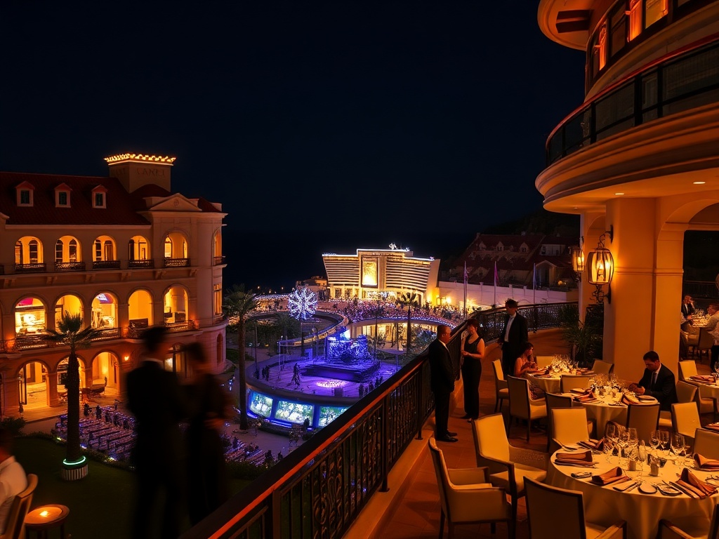 "luxury Mediterranean casino hotel hero scene at night with warm-lit elegant suite balcony, glittering casino lights in distance, live musicians stage glow, guests dressed formally, gourmet dining tables, ocean breeze mood"