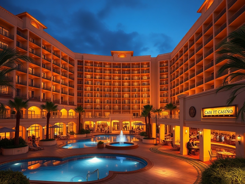 "Luxurious resort casino hotel exterior at dusk, warm golden lights, elegant suite balcony silhouettes, a glowing pool, people dining in upscale courtyard, stylish casino entrance glow, modern Mediterranean landscaping" "no logos"