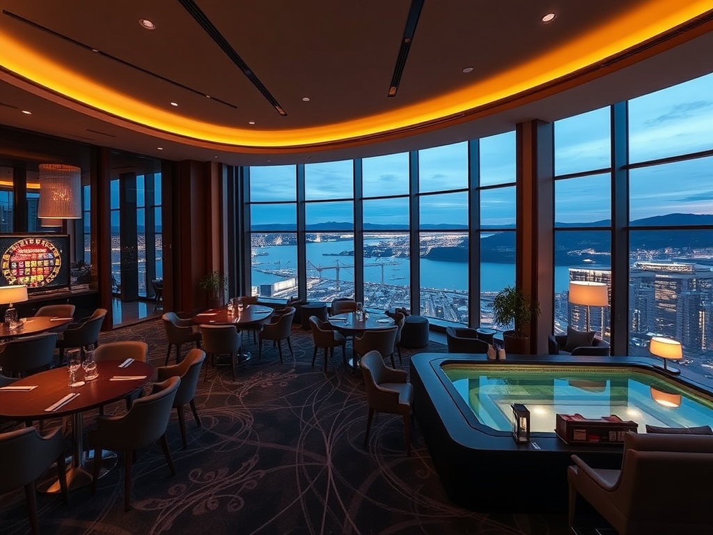 "Luxury Norwegian casino hotel hero scene, panoramic modern interior, elegant suites lounge, warm spa glow, subtle nightlife lights, serene skyline."