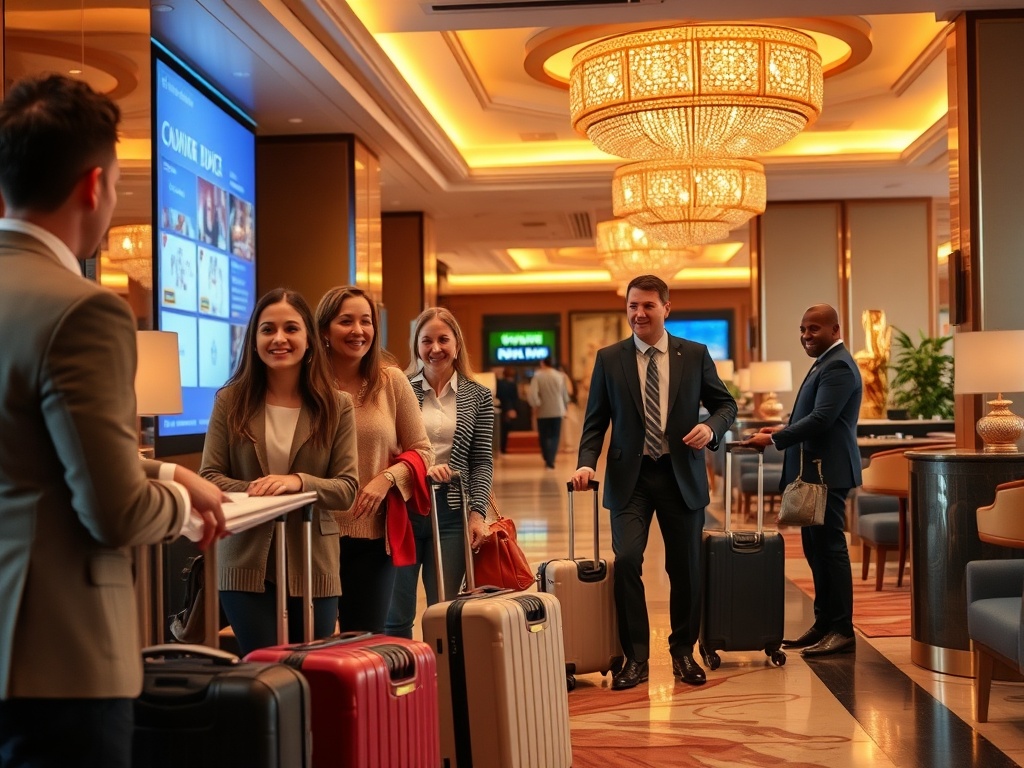 A warm modern casino hotel lobby scene, smiling guests with light luggage, attentive staff greeting them, luxurious lounge ambiance, soft golden lighting, candid joy.