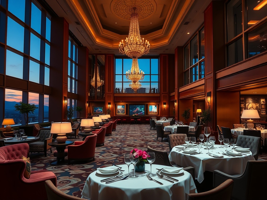 "luxury casino hotel lobby at dusk, elegant velvet lounges, warm chandeliers, refined gourmet dining table setting, soft spa glow, modern suite windows"