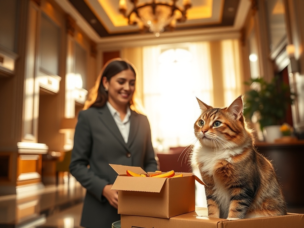 "sunlit elegant hotel lobby" "smiling guest couple" "adorable domestic cat eating gourmet pet food" "fresh delivery box" "warm welcoming concierge"