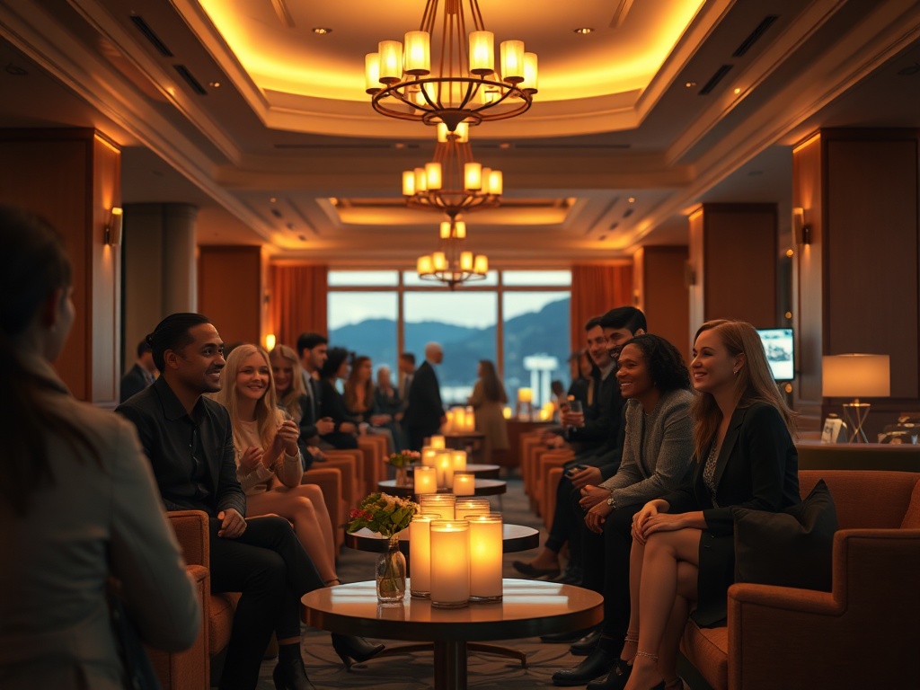 Warm Scandinavian hotel lobby at dusk, soft amber lights, smiling diverse guests in elegant attire, subtle casino glow, cozy lounge seating, cinematic realism. "You MUST not include ANY brand images or logos. You may ONLY reply with the format given. If y
