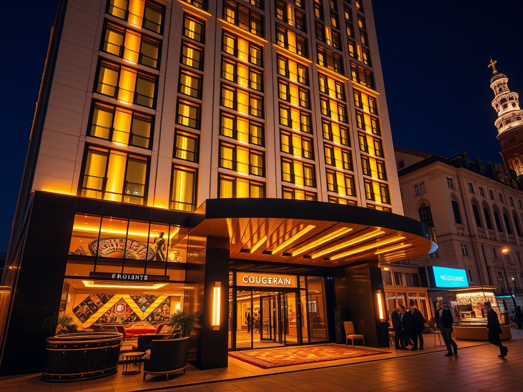 Nighttime modern hotel facade with warm golden lights, elegant lobby entrance, subtle roulette-glow casino ambience, stylish guests, Poland city skyline.
