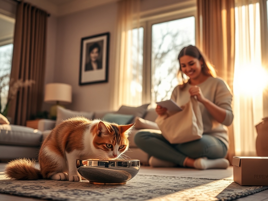 "sunlit cozy living room" "healthy cat" happily eating from elegant bowl, "smiling owner silhouette" holding small bag, "delivery box" nearby, warm premium ambiance.