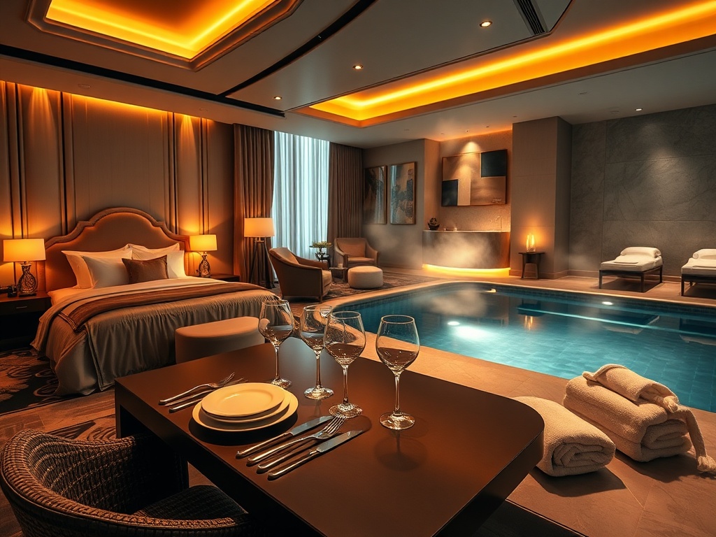 "luxury casino hotel suite" "warm ambient lighting" "silk textures and plush bedding" "gourmet dining table with elegant plated dishes" "steam rising from spa pool" "modern wellness lounge with soft towels" "subtle golden highlights" "wide angle, cinemati