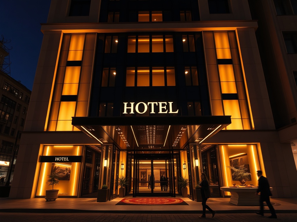 Nighttime modern hotel facade with warm golden lights, elegant lobby entrance, subtle roulette-glow casino ambience, stylish guests, Poland city skyline.