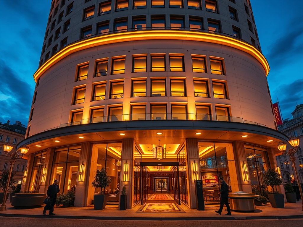 Nighttime modern hotel facade with warm golden lights, elegant lobby entrance, subtle roulette-glow casino ambience, stylish guests, Poland city skyline.