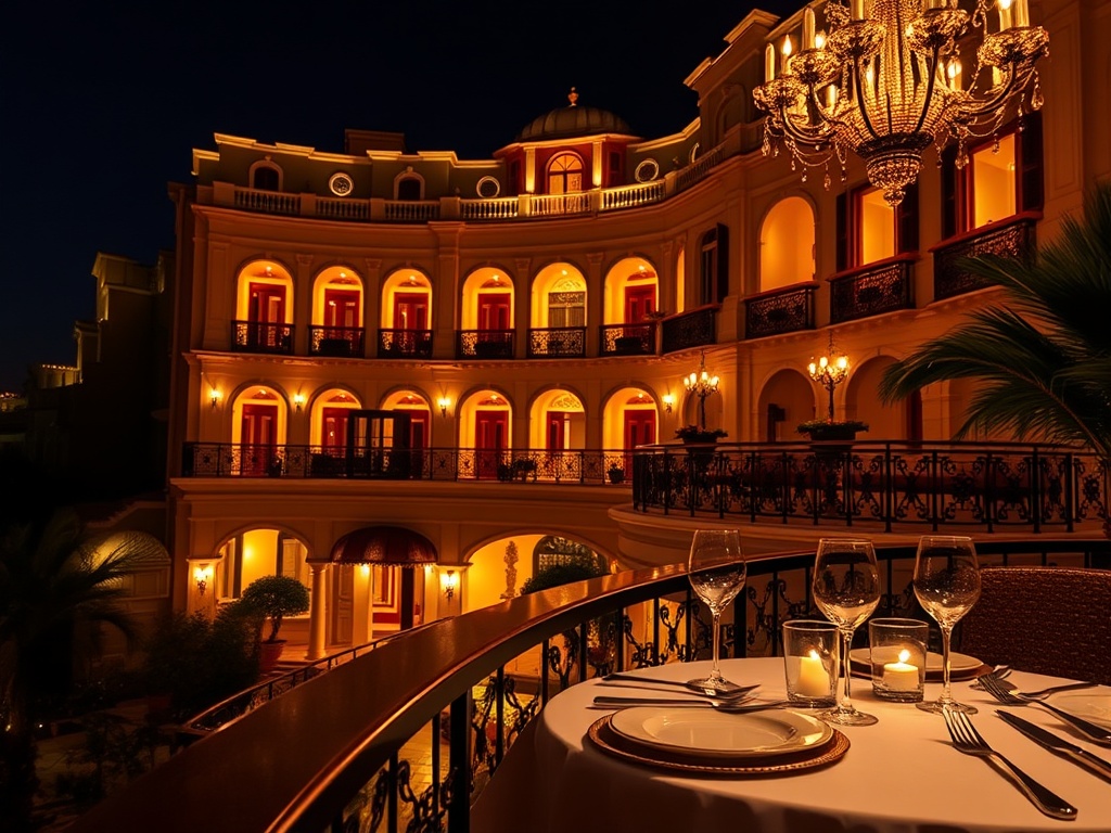 "luxury Greek casino hotel at night, elegant suite balcony glow, gourmet plated dining, lively stage lights, discreet concierge service atmosphere, cinematic realism"