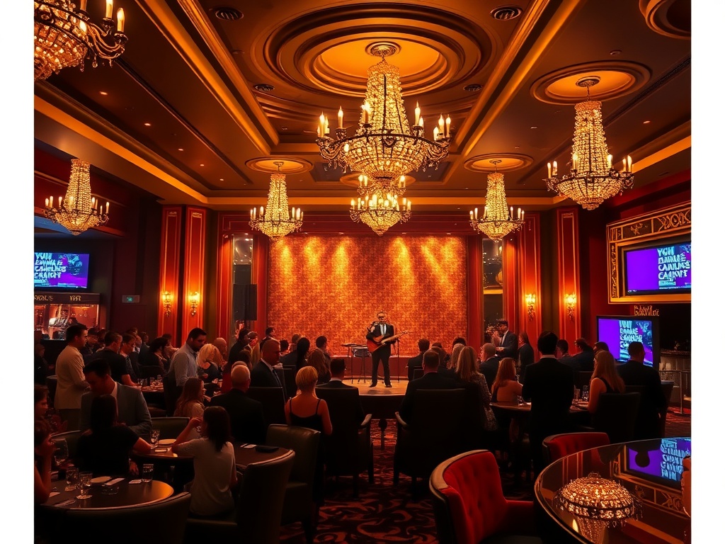 A glamorous casino hotel evening scene with warm spotlights, elegant lounge crowd, live musician on small stage, sparkling chandeliers, velvet seating, luxury bar.