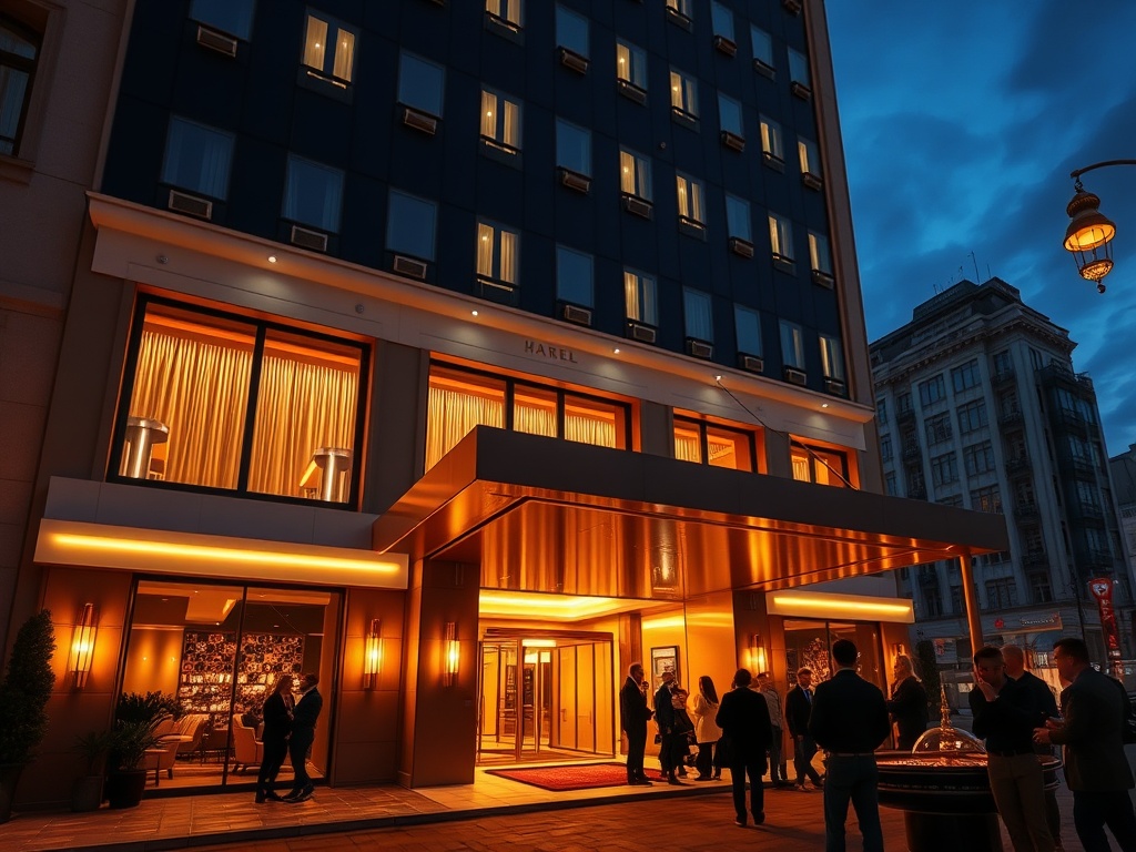 Nighttime modern hotel facade with warm golden lights, elegant lobby entrance, subtle roulette-glow casino ambience, stylish guests, Poland city skyline.
