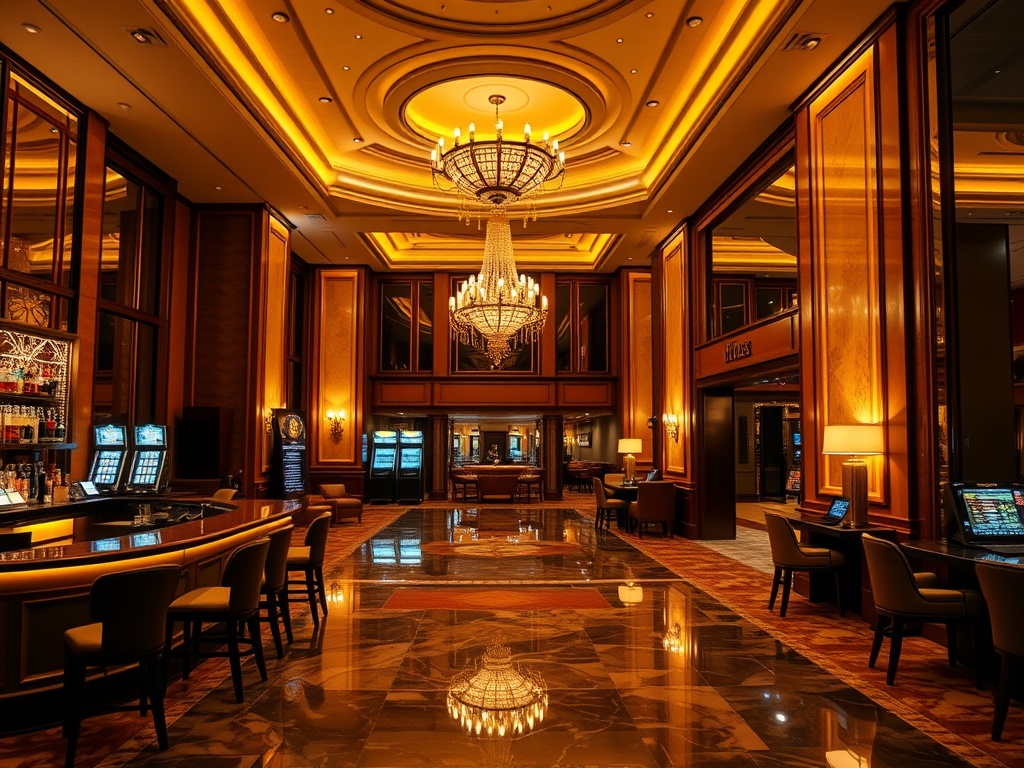 “luxury casino hotel lobby at night” “golden warm lighting” “elegant marble floors” “glamourous bar glow” “subtle casino ambience” “smiling concierge” “stylish suite glimpse” “no logos”.
