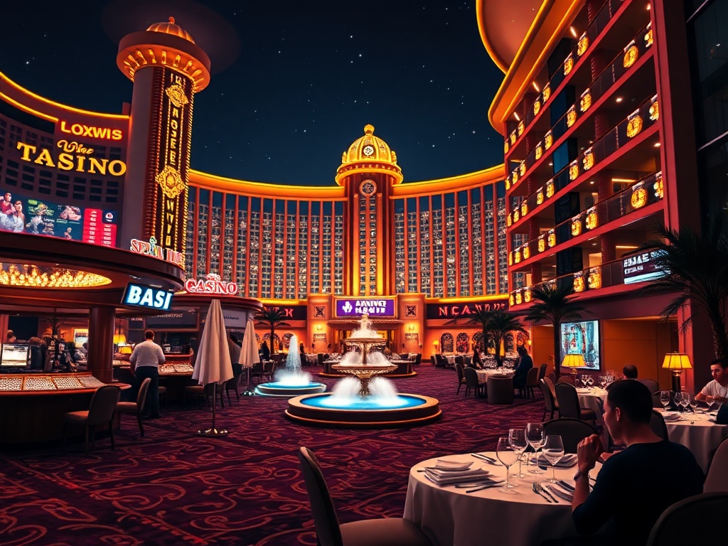 Night view of a casino hotel blending 'glowing casino lights' 'luxury suite' 'spa steam' 'fine dining' 'happy guests'.