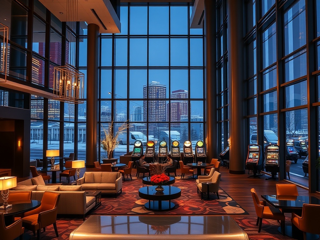 “A modern Canadian hotel lobby at night, warm lights, elegant lounging area, panoramic windows showing snowy city, subtle gaming tables in background, inviting luxury.”