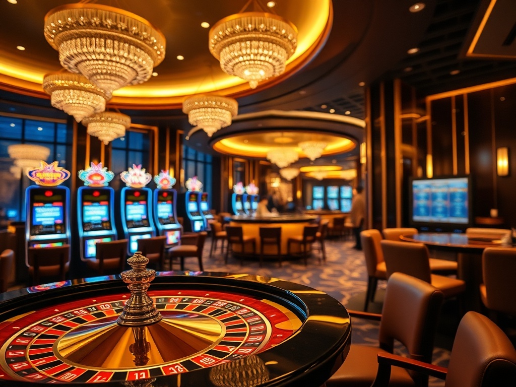 "Luxurious casino-hotel lounge at night, warm golden lights, roulette table and slot machines in soft focus, elegant bar and comfortable seating, modern upscale atmosphere" "
