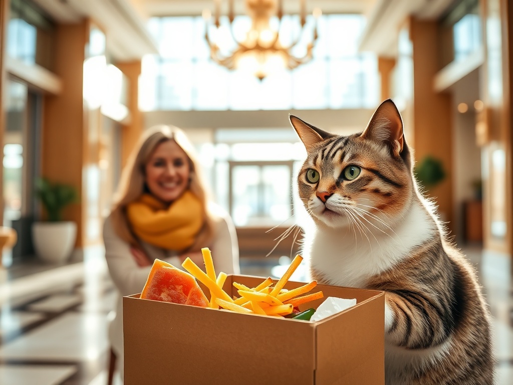 "sunlit elegant hotel lobby" "smiling guest couple" "adorable domestic cat eating gourmet pet food" "fresh delivery box" "warm welcoming concierge"