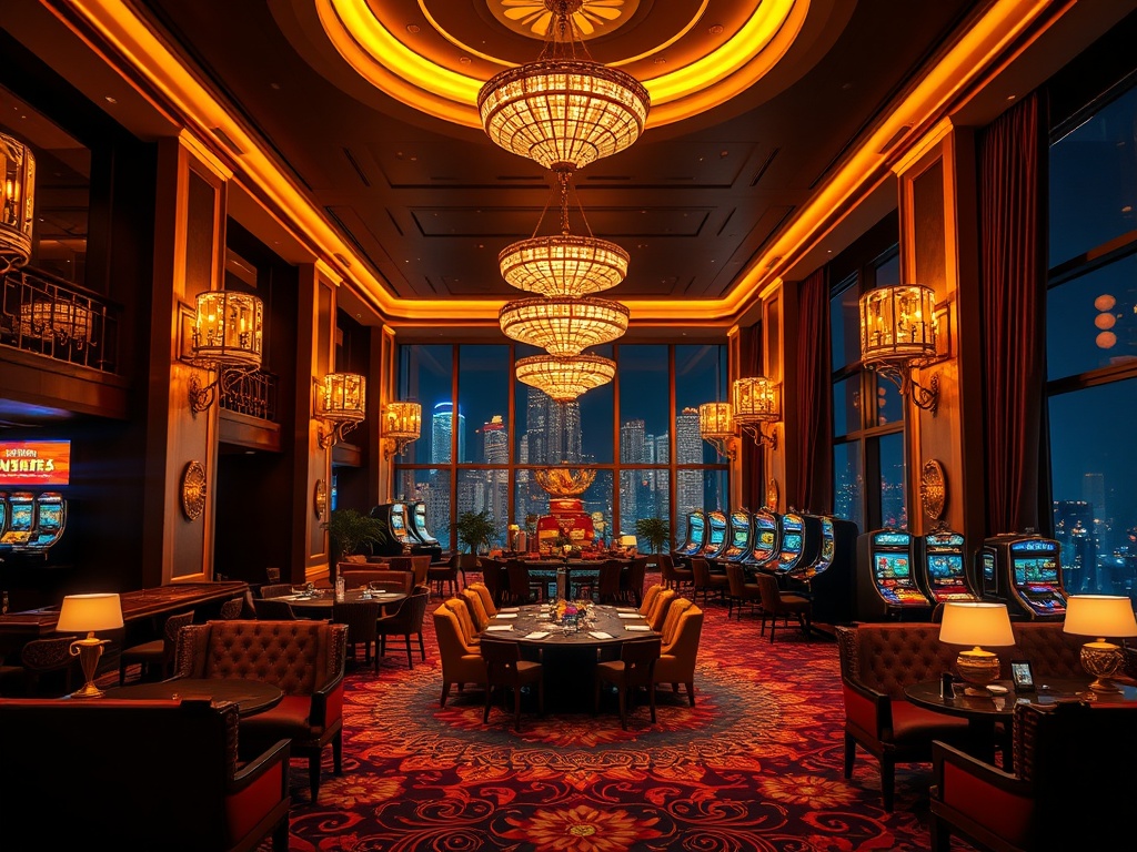 A luxurious casino hotel lobby at night, warm golden lights, elegant seating, gaming-inspired ambiance, velvet curtains, subtle city skyline bokeh, welcoming mood.