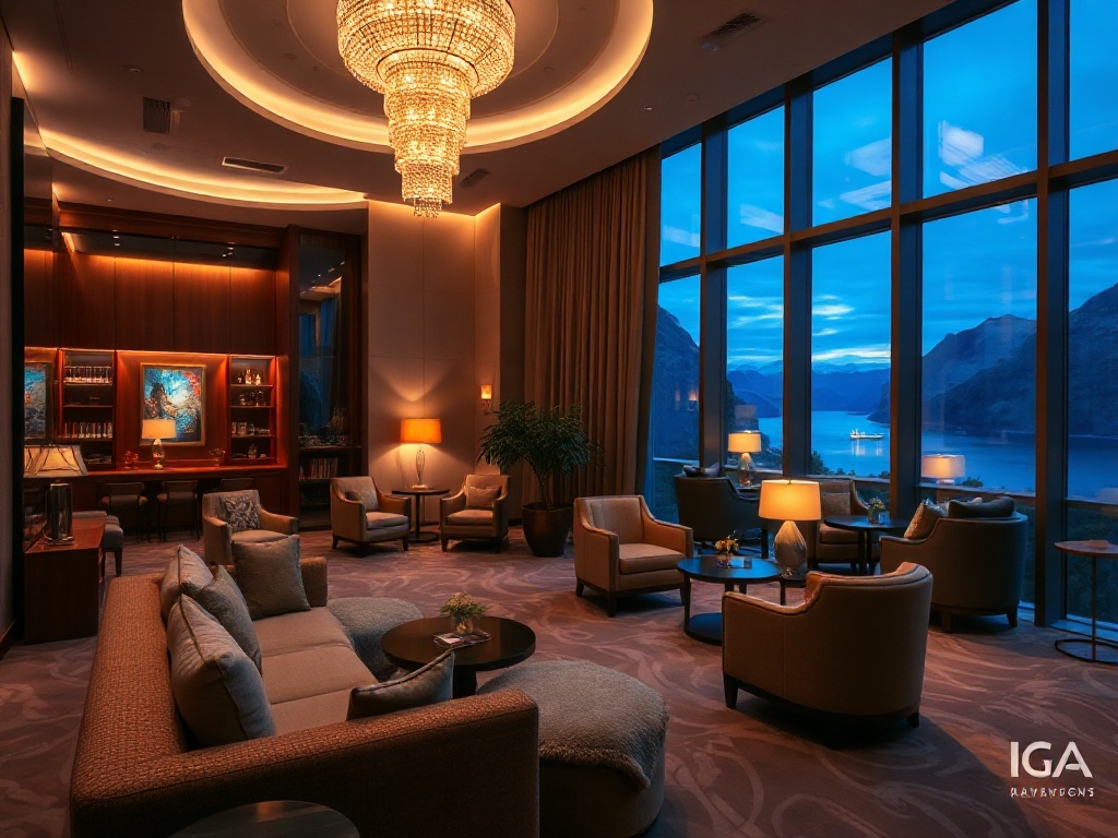"luxury hotel lobby" "warm ambient lighting" "spacious suite lounge" "cozy seating" "Norwegian fjord view" "subtle casino atmosphere"
