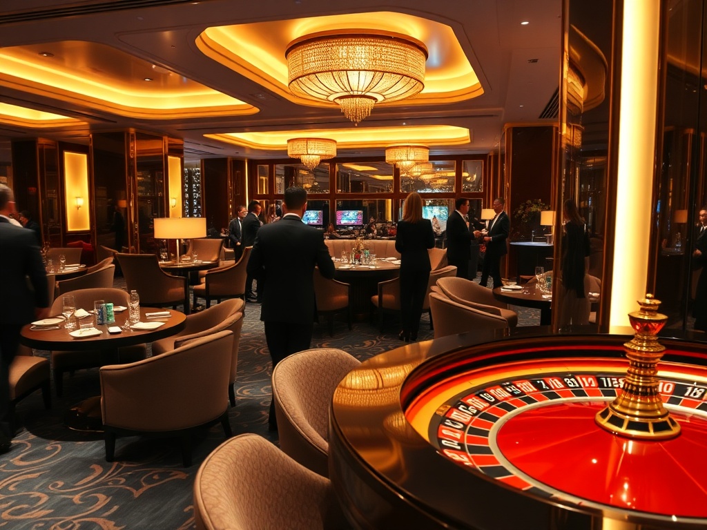 "Modern casino hotel interior lounge with warm ambient lighting; stylish guests in elegant attire; roulette table glimpsed; plush seating; sparkling bar; gourmet dining plates; soft wellness glow; atmosphere of comfort and entertainment; cinematic wide-an