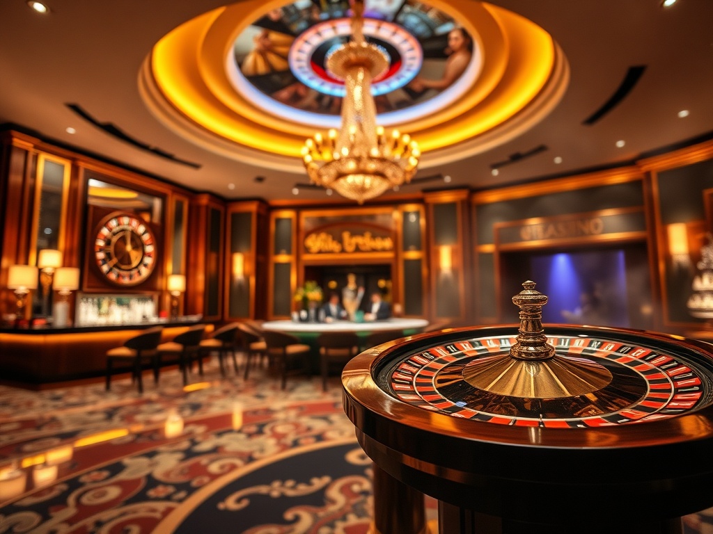 "luxury casino hotel lobby" "glowing roulette wheel" "warm candlelit bar" "five-star chef plated gourmet dish" "soft spa steam background" "stage lights for live shows"