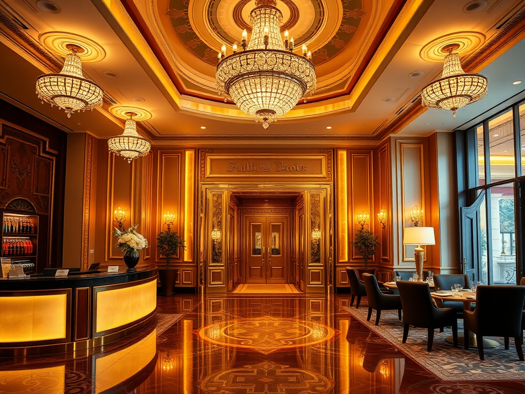 "glamorous casino hotel lobby with warm chandeliers" "elegant reception desk" "golden gaming lights" "luxury suite doorway" "fine dining table" "relaxation lounge"