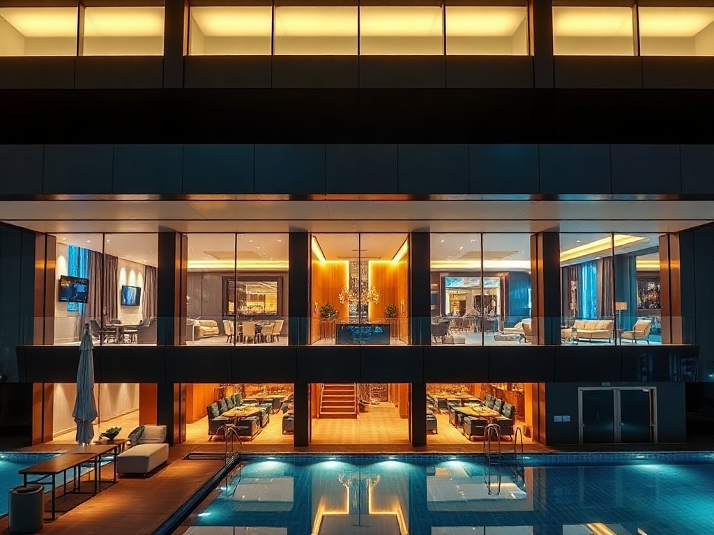"modern casino hotel facade at night" "luxury suite window view" "glowing bar and lounge lights" "indoor pool and spa glow" "elegant contemporary atmosphere"